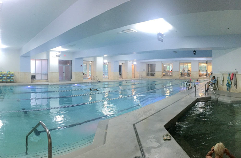 75 foot indoor heated pool in the aqua fitness and swimming studio at gainesville health & fitness gym